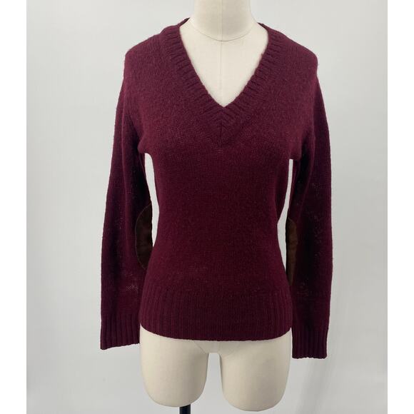 Vintage 60s Hudsons Detroit Sweater Shetland Wool V Neck Elbow Patches Burgundy - Picture 3 of 13